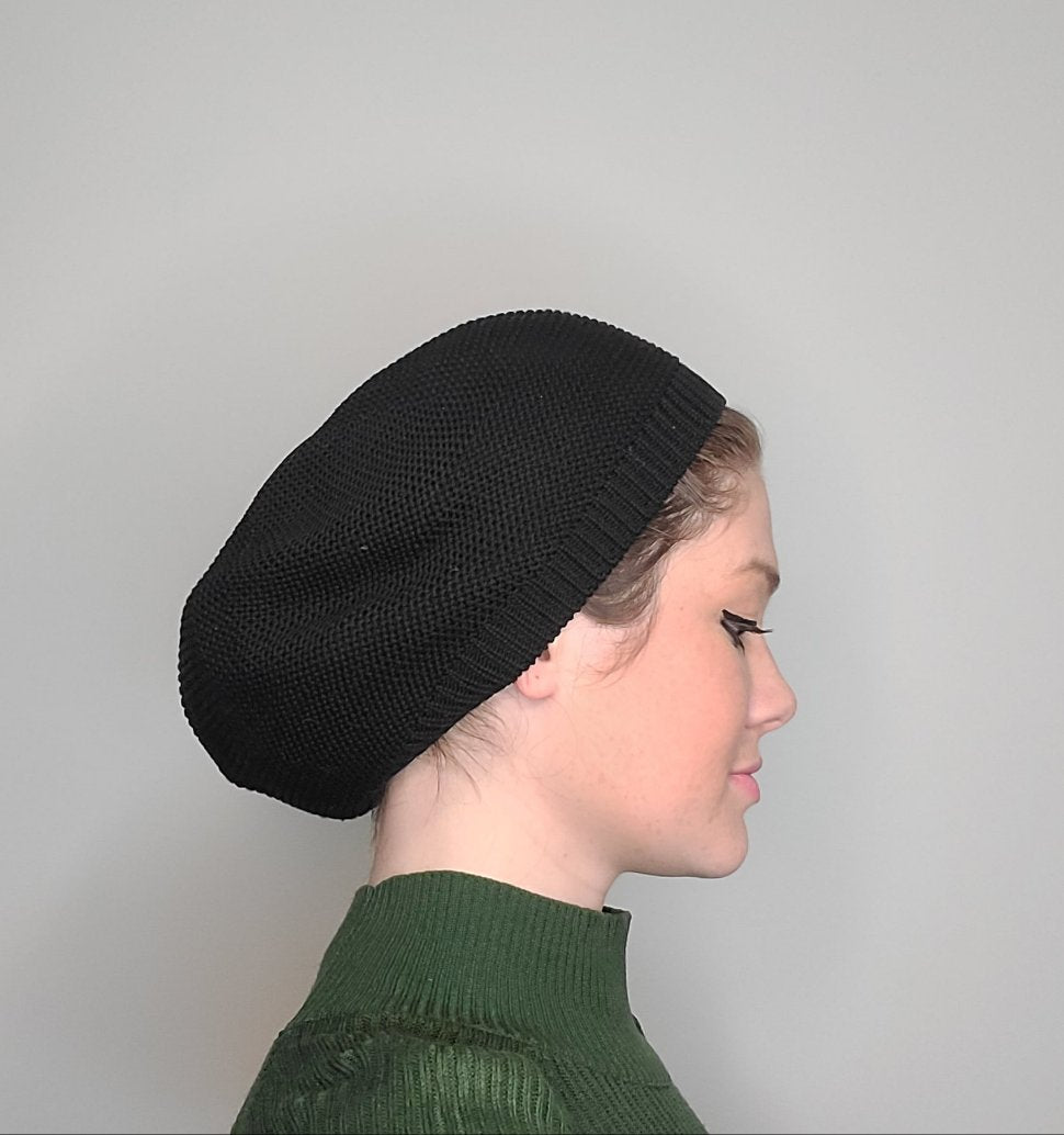 XL Black Fully Knitted Cotton French Beret - Keter Hayofi Mitpachot